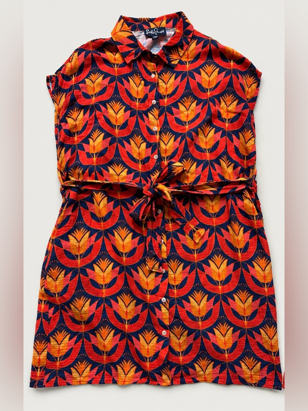 Lesley Evers 1X Retro Floral Cotton Shirt Dress Belted Orange Navy